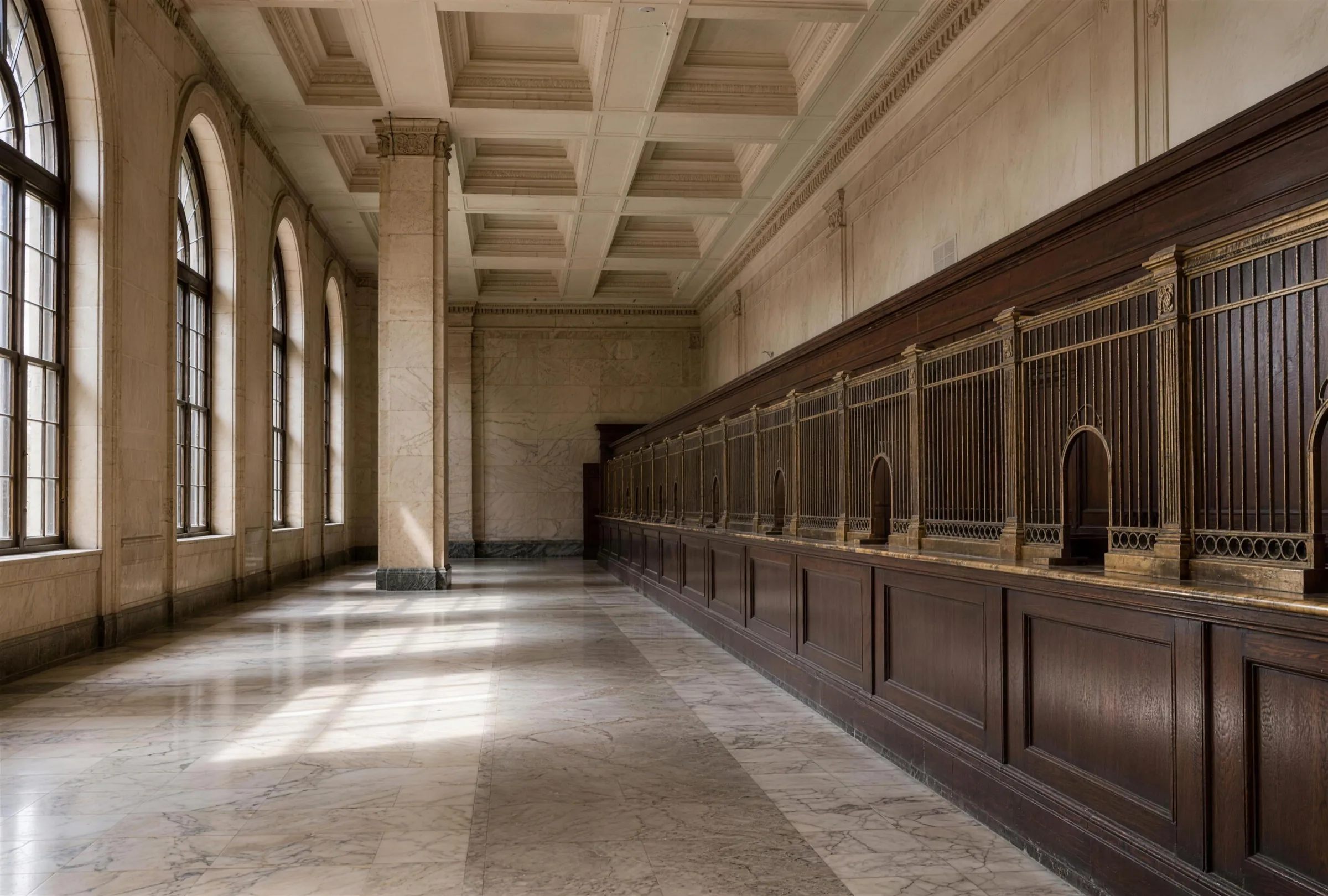 An empty old banking hall with brass teller windows along a walnut counter